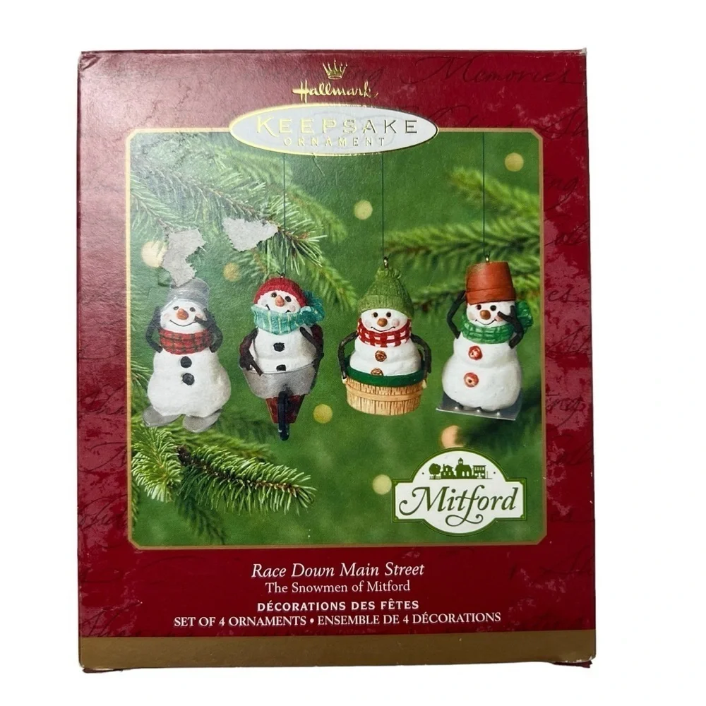 Hallmark Ornaments (4)2000 Keepsake Snowmen of Mitford Race Down Main Street